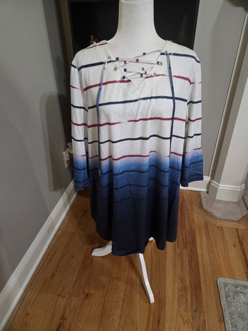 Catherines White Navy Blue Ombre Lace-Up Striped Tunic